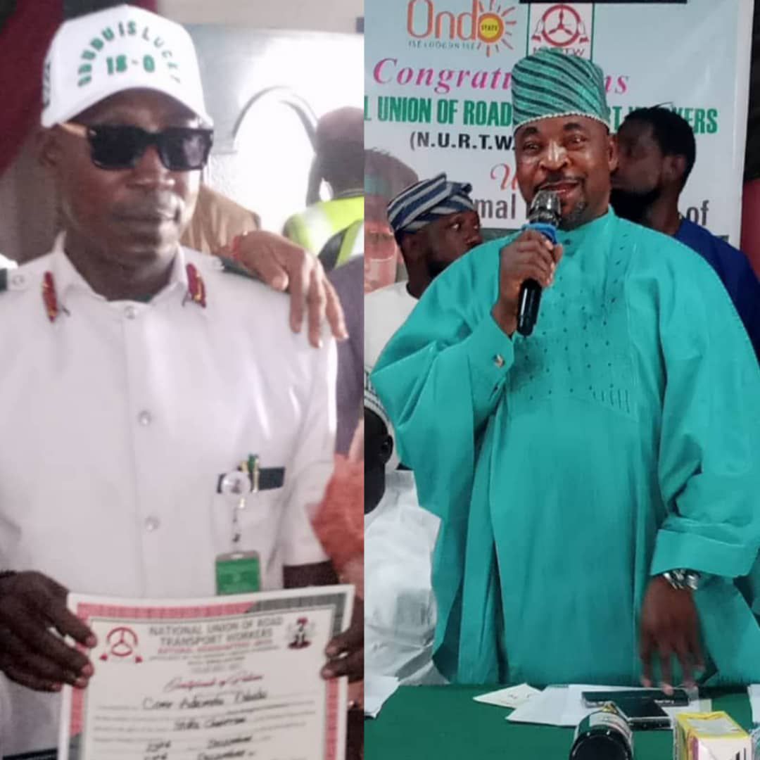 MC OLUOMO SWEARS-IN COM ADEMOLA ODUDU AS ONDO STATE CHAIRMAN OF NURTW DURING 10TH QUADRENNIAL STATE DELEGATES CONFERENCE IN AKURE–By Adefemi OjopagogoThe National Chairman of NURTW, Alhaji Musiliu Akinsanya OLUOMO has sworn-in Comrade Ademola Odudu,his deputy,treasurer,assistant state secretary,fin.sec, and other state officers of the National Union during the 10th Quadrennial State Delegates Conference held at the Ondo State Headquarters of the Union today.